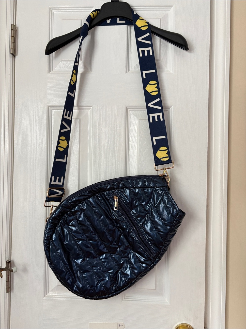 Shiny Navy Quilted Pickle-ball Bag with Branded Strap